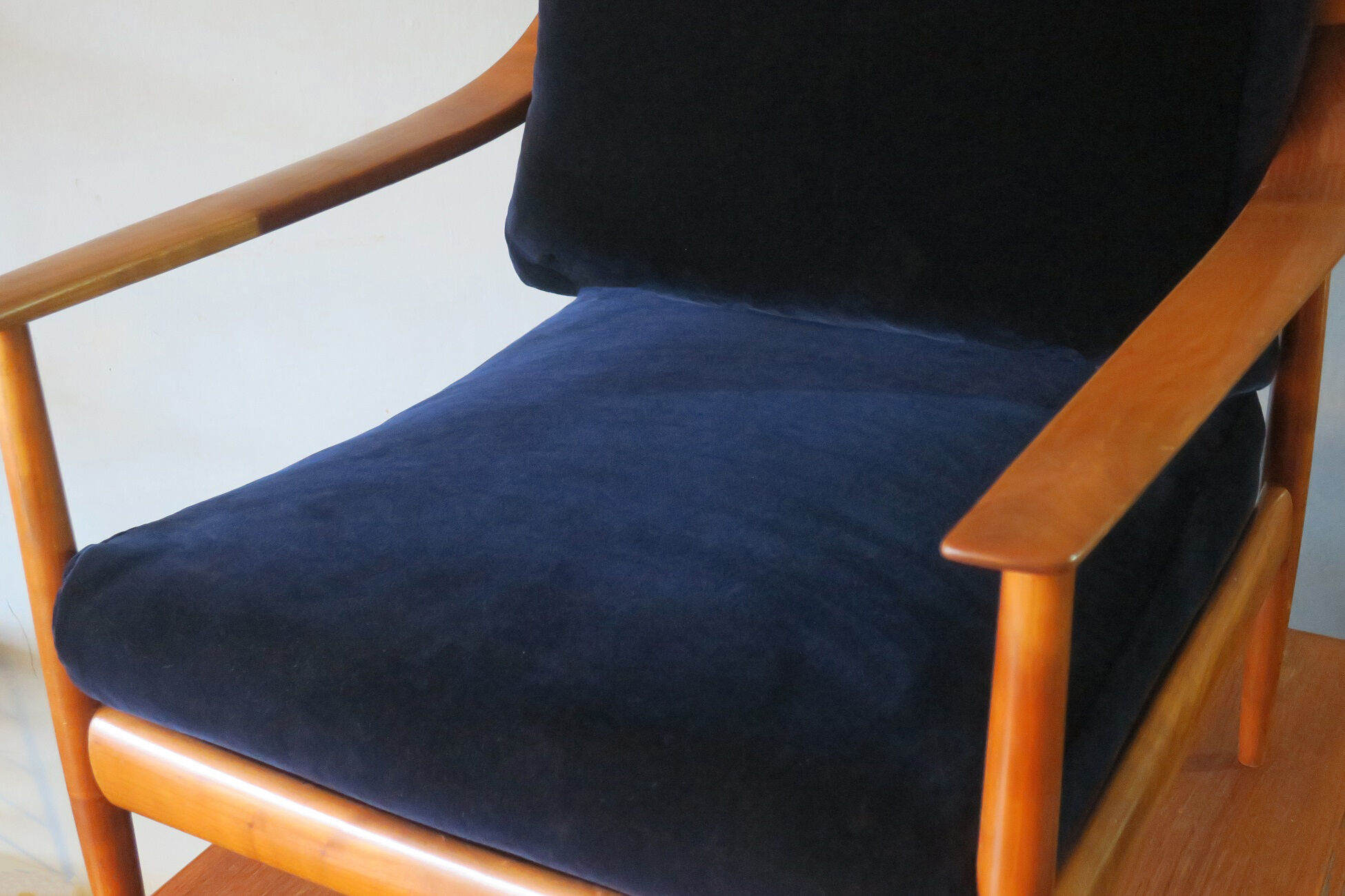 Mid Century Blue Velvet Lounge Chair With Curved Back And Sprung Cushions Selency