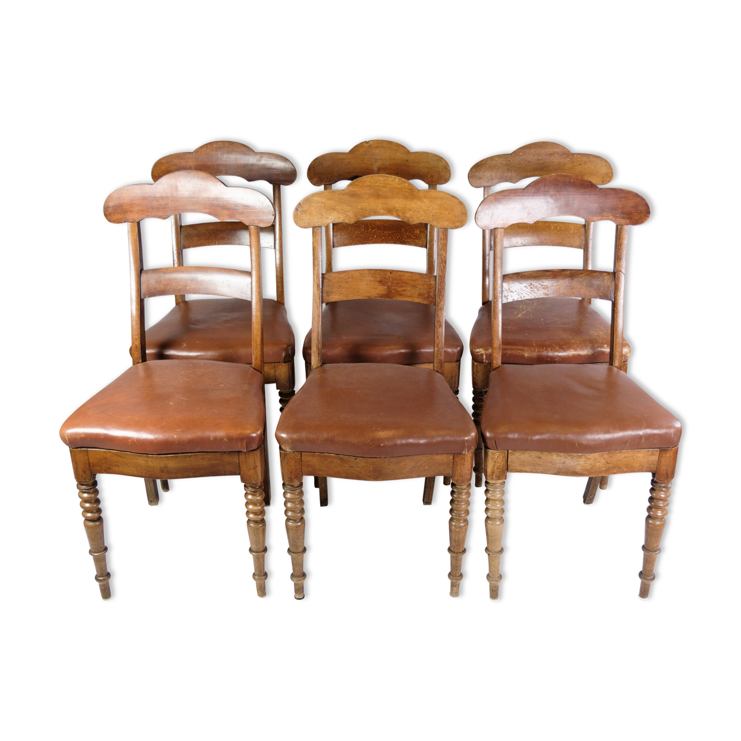Set of eight late empire chairs in high quality brown leather in mahogany