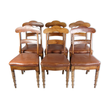 Set of eight late empire chairs in high quality brown leather in mahogany