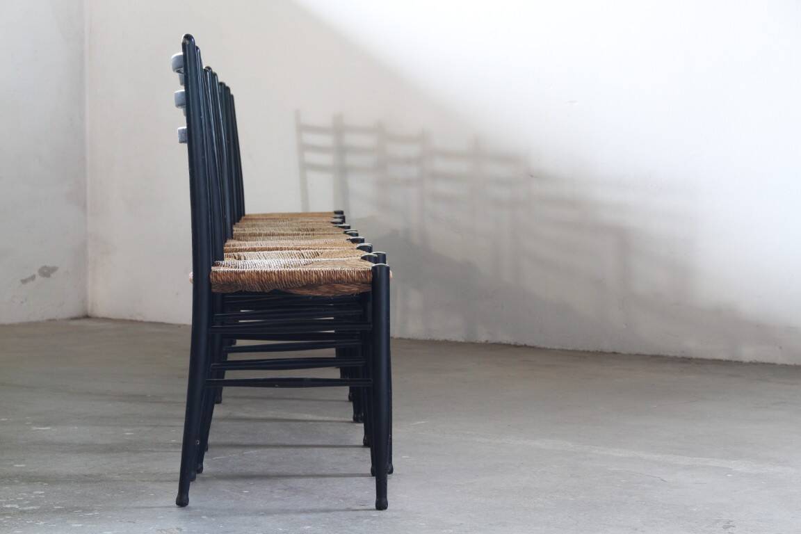 Vintage set of 8 Italian papercord black dining chairs, woven seat, 1950s