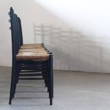 Vintage set of 8 Italian papercord black dining chairs, woven seat, 1950s