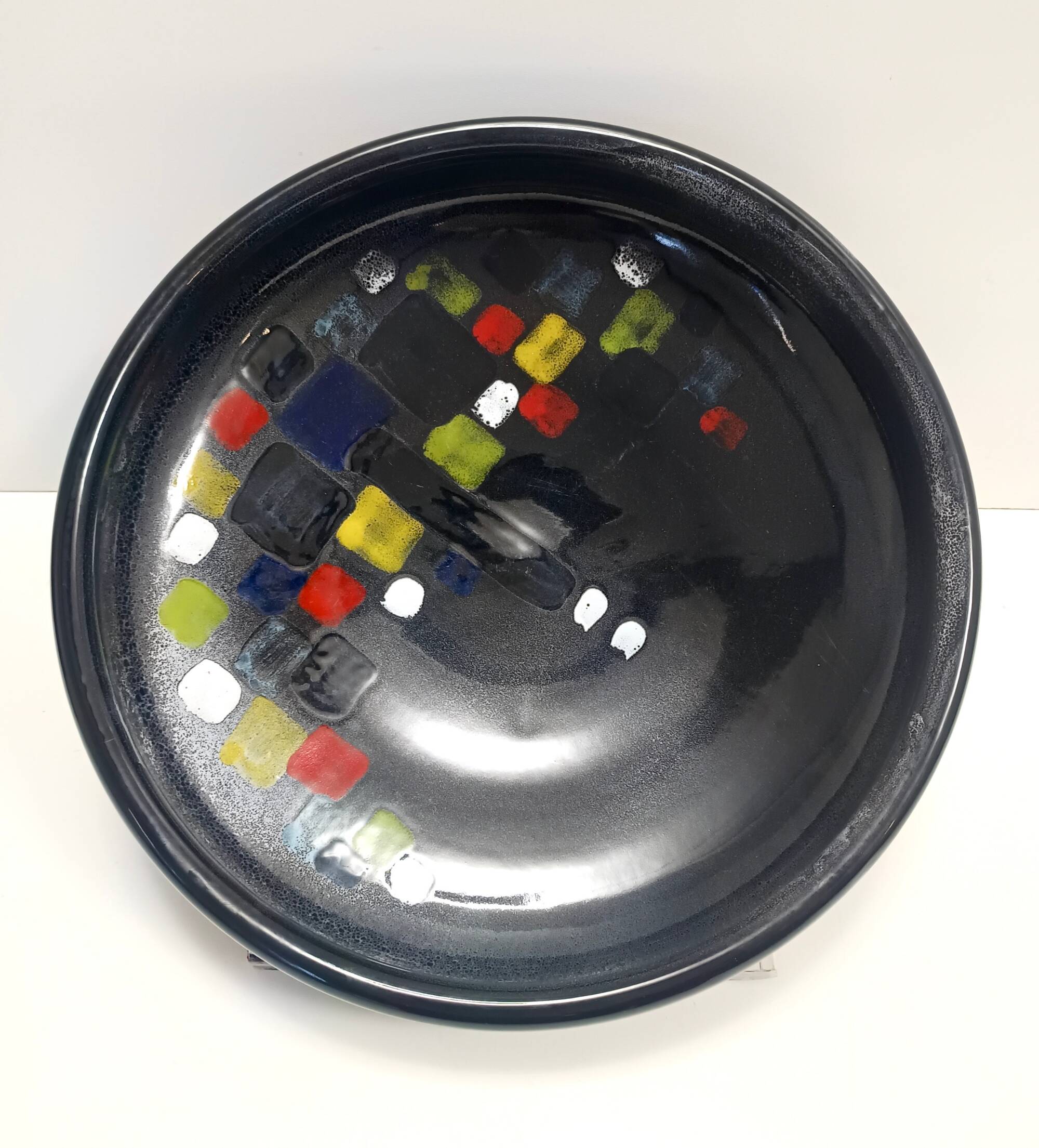 Lacquered Black with Colored Details Ceramic Vide-Poche by Ars Deruta, Ital