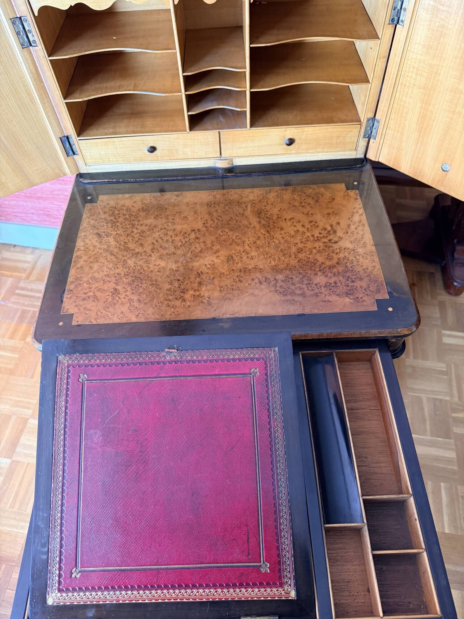 Victorian-era blackened wood and burr walnut Davenport.