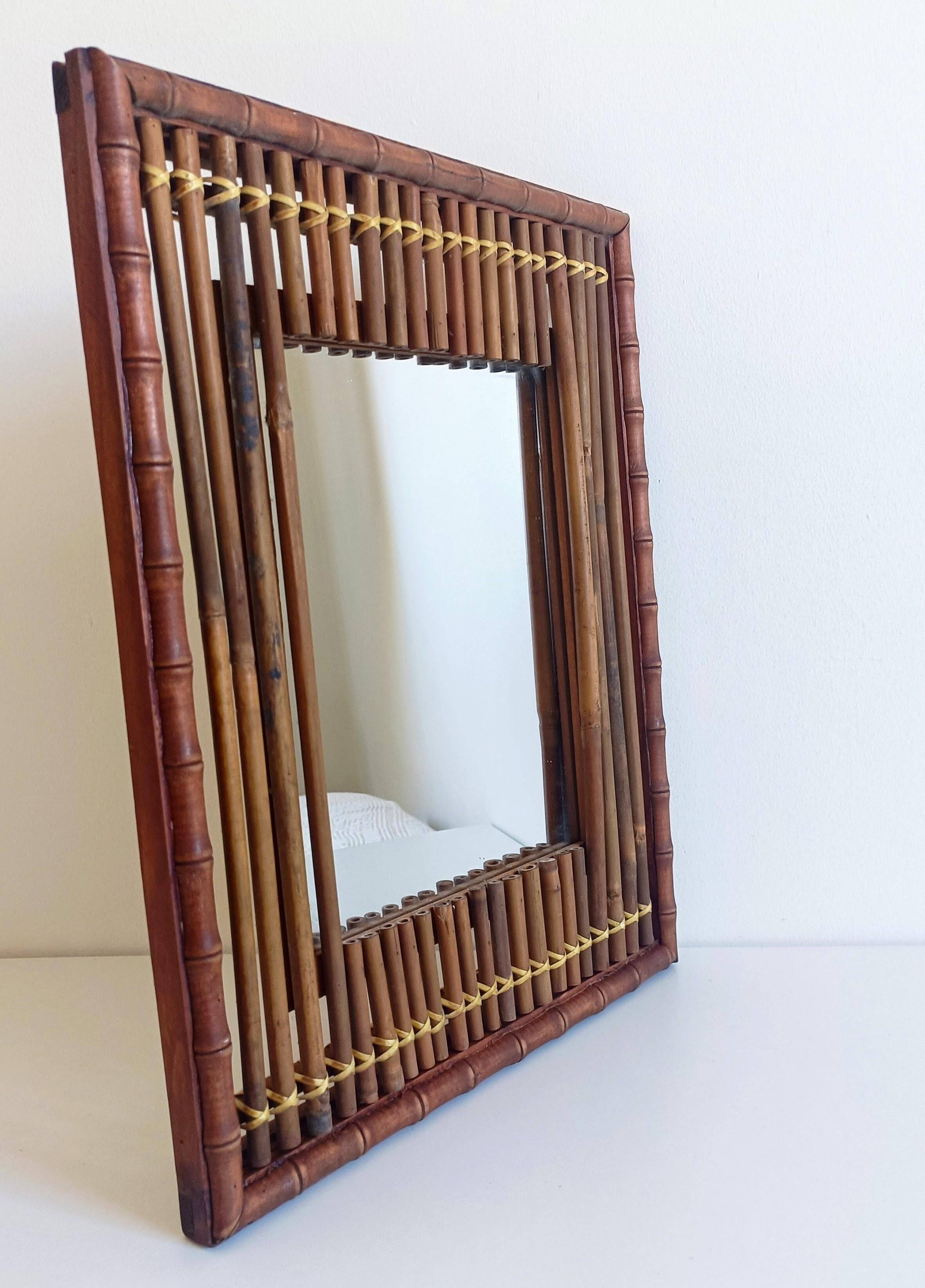 Antique French Art Deco Bamboo and Wood Wall Mirror, Early 20th Century