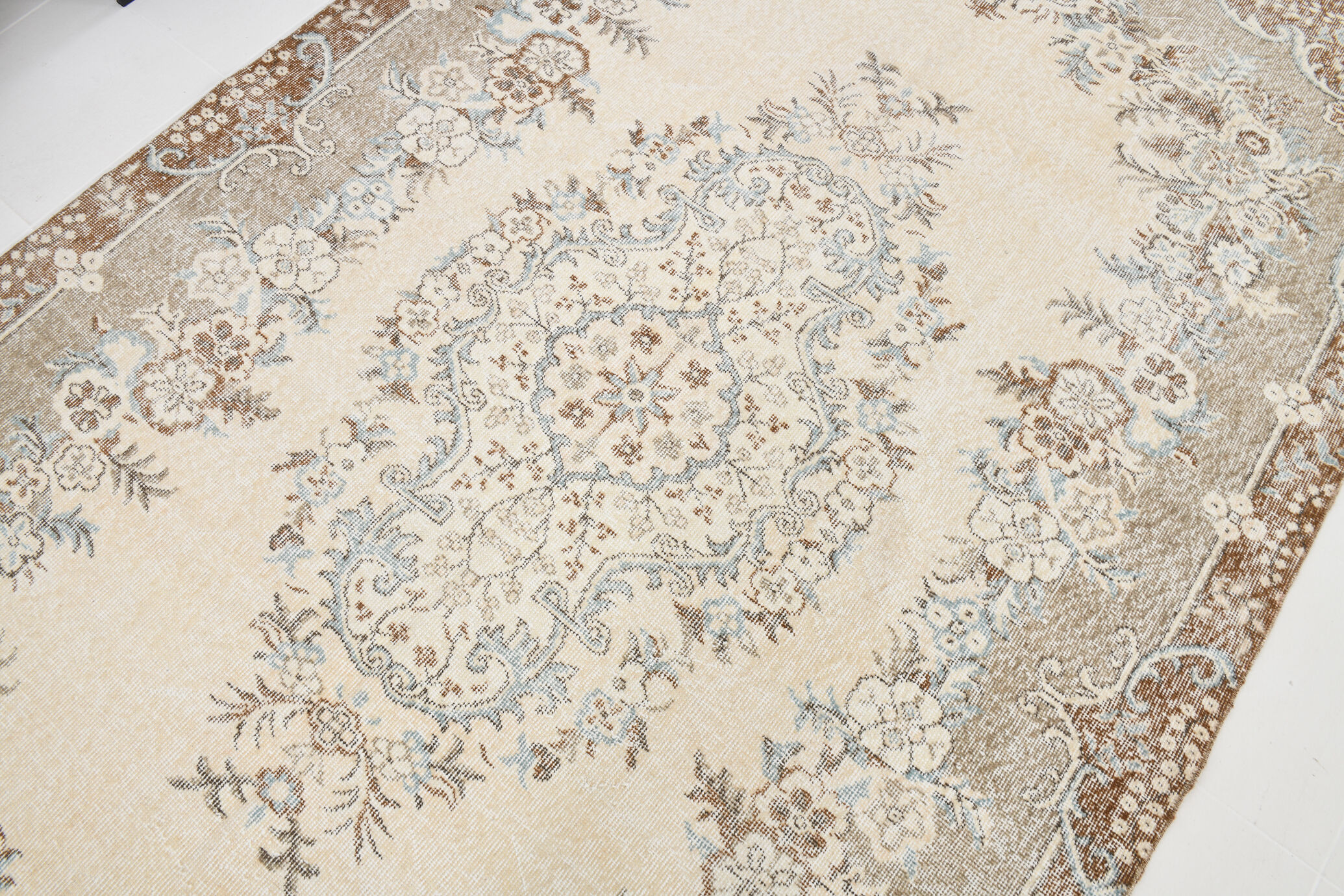 Handmade beige & brown floral  vintage rug