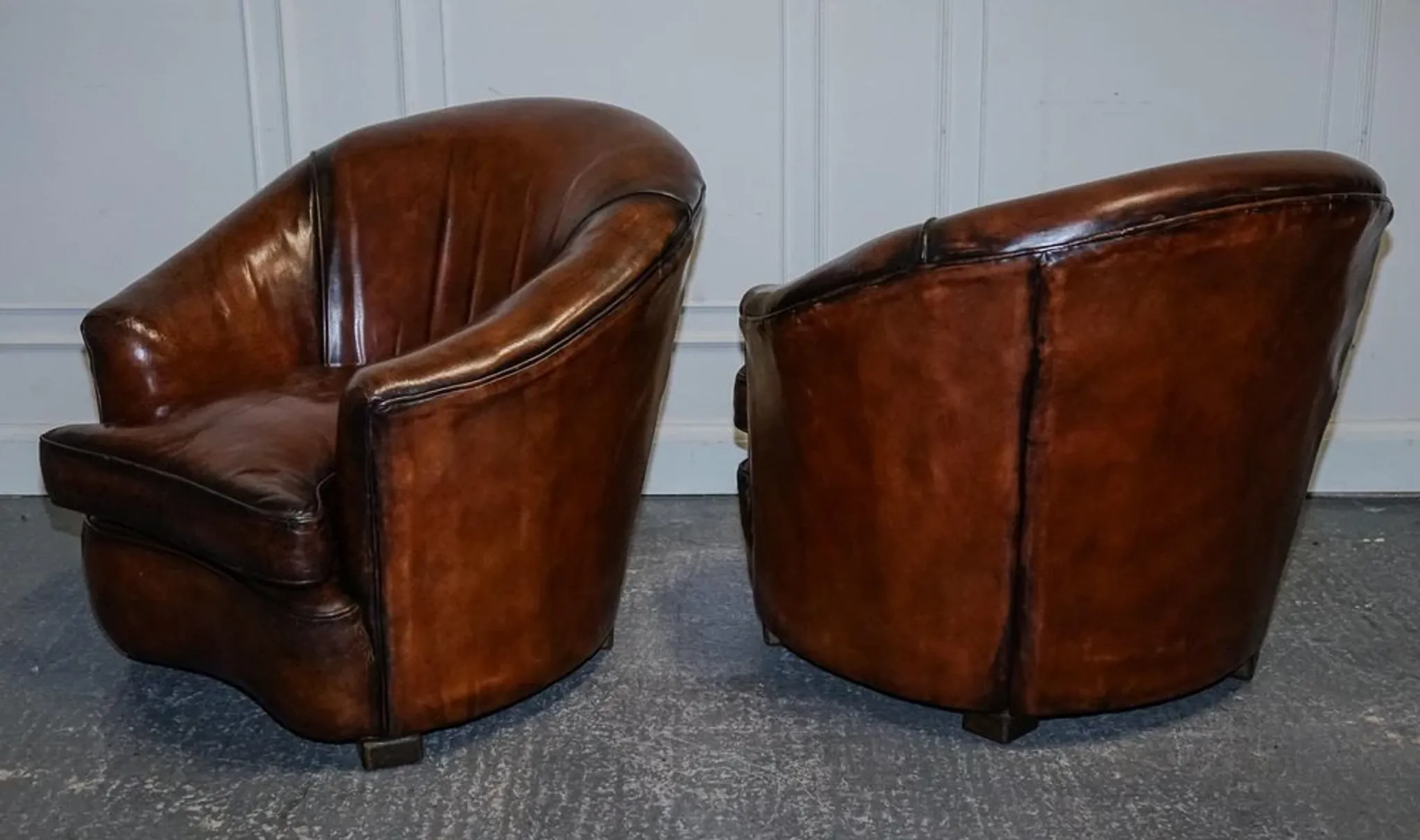 Art Deco Hand-Dyed Whisky Brown Sofa, Armchairs and Ottomans, 1920s, Set of 5