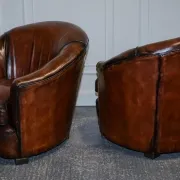 Art Deco Hand-Dyed Whisky Brown Sofa, Armchairs and Ottomans, 1920s, Set of 5
