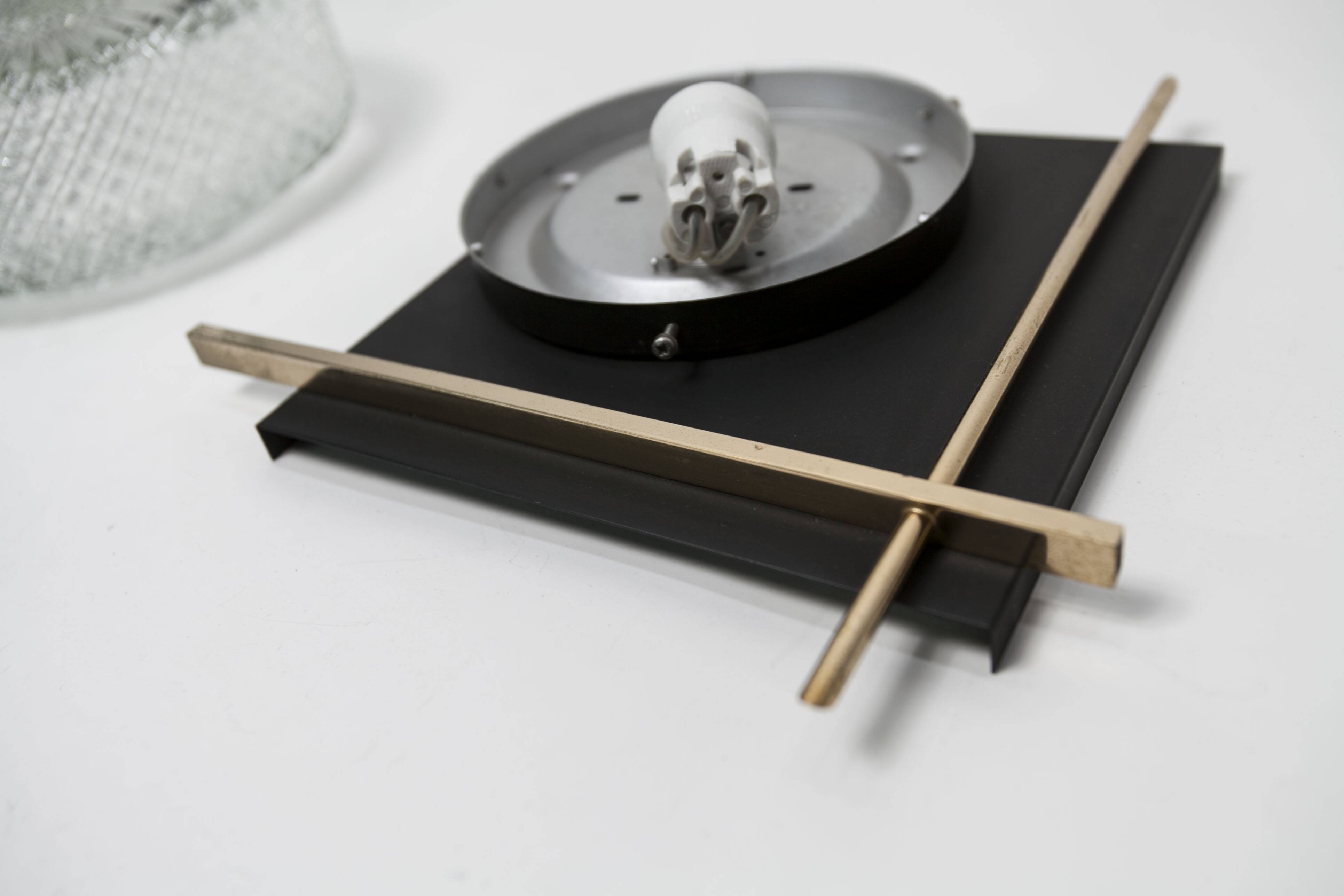 1960 wall light, black metal glass and gold brass rods