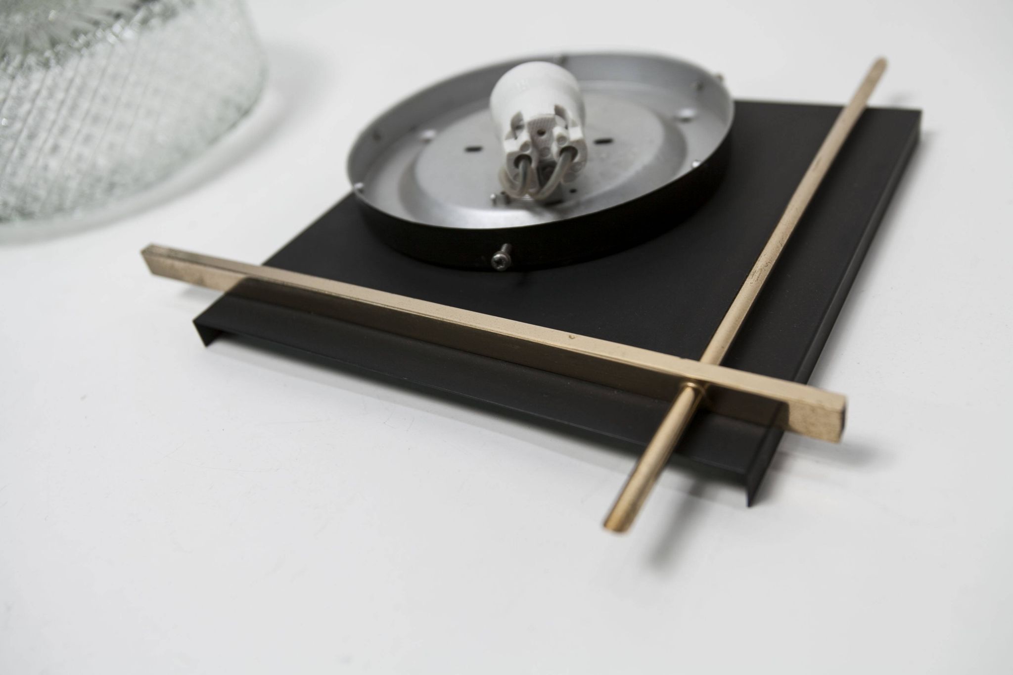1960 wall light, black metal glass and gold brass rods