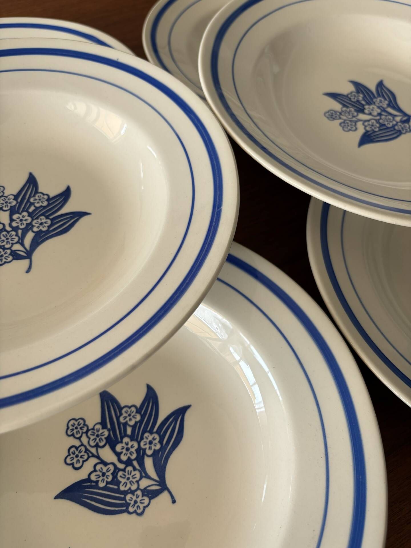 Set of 6 vintage deep plates in earthenware with blue lily of the valley flowers.