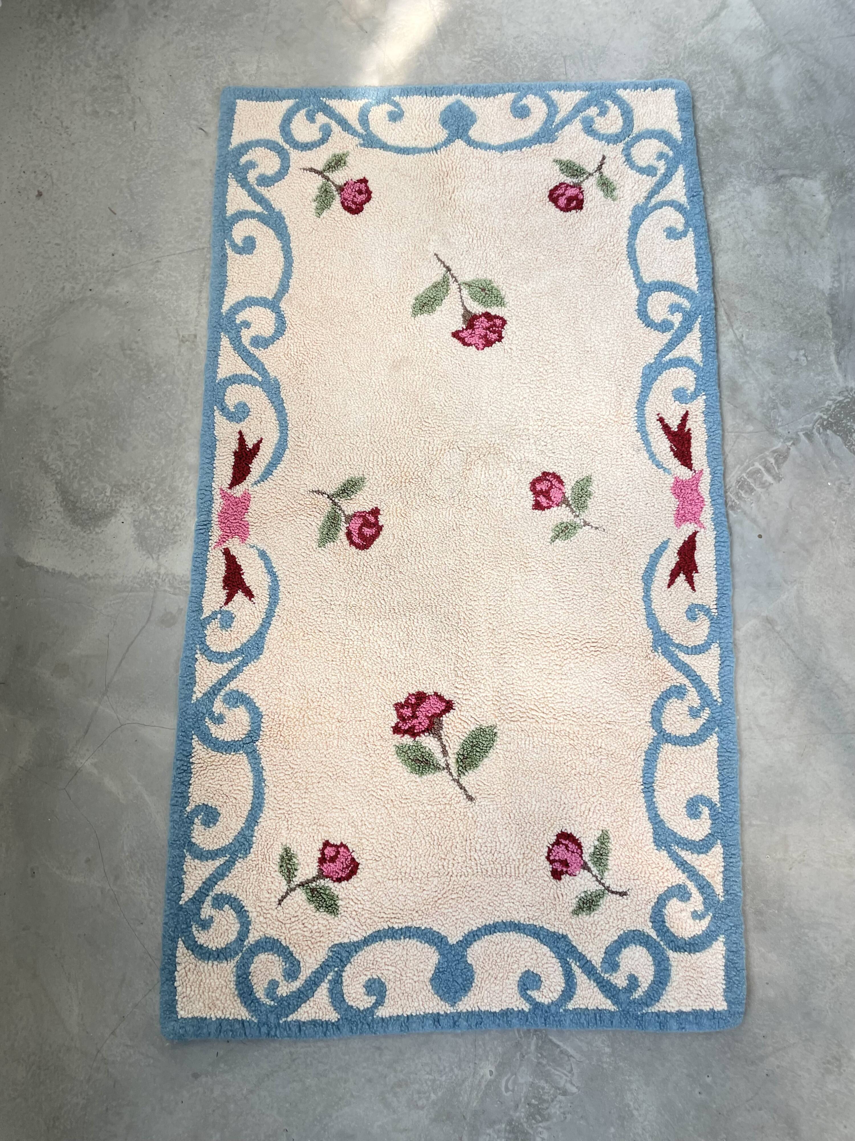 White and blue floral wool rug