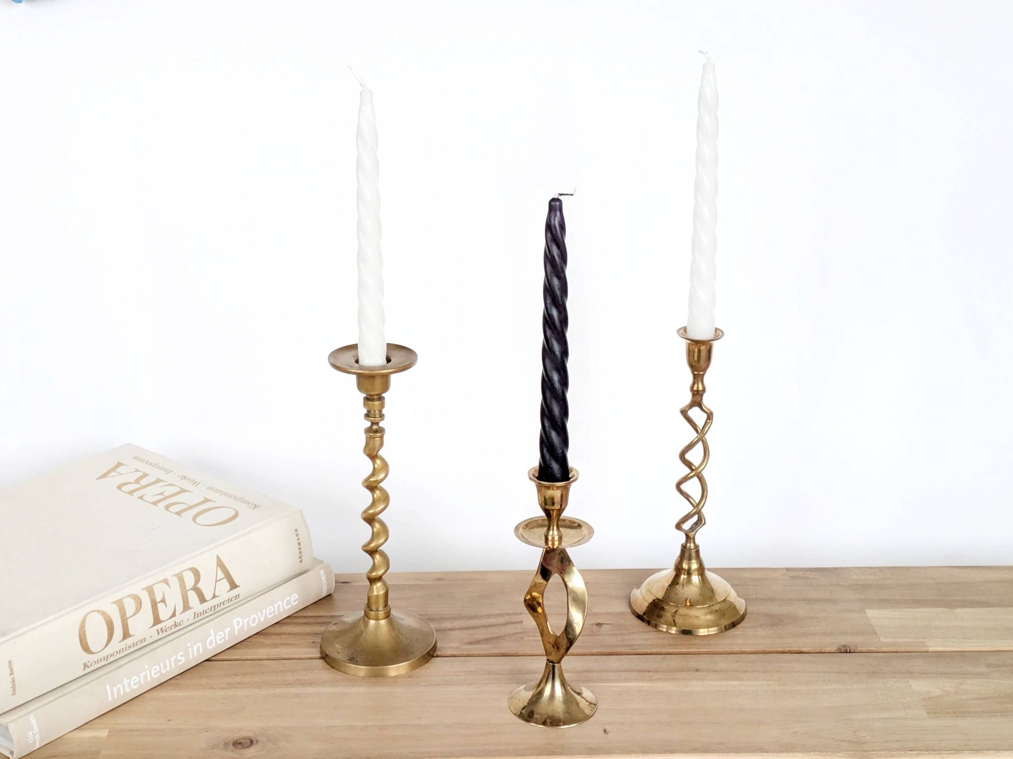 Set of 3 Vintage Twisted Brass Candle Holders, Midcentury