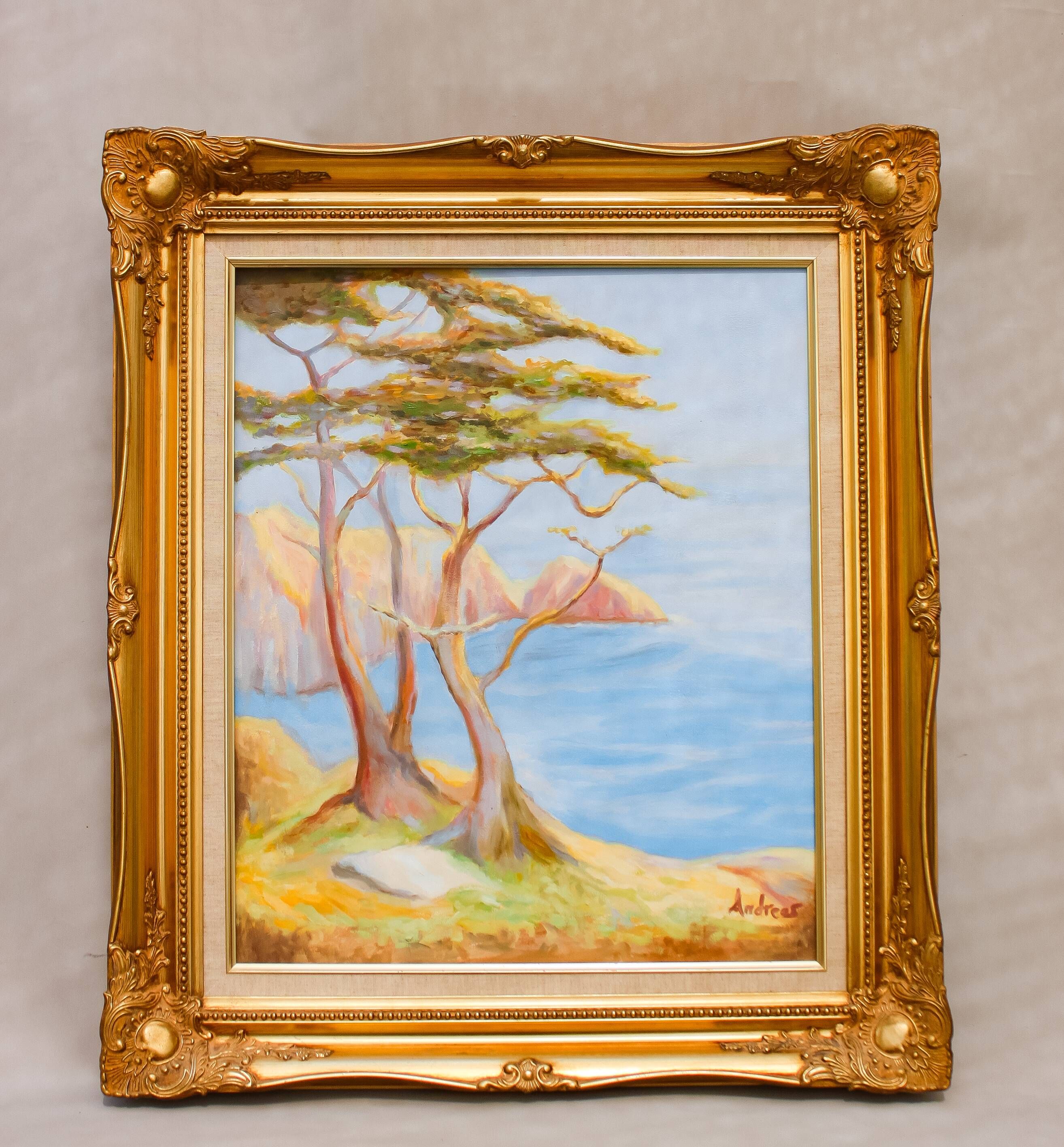 Oil painting of the Mediterranean coast with a high-quality Baroque frame.