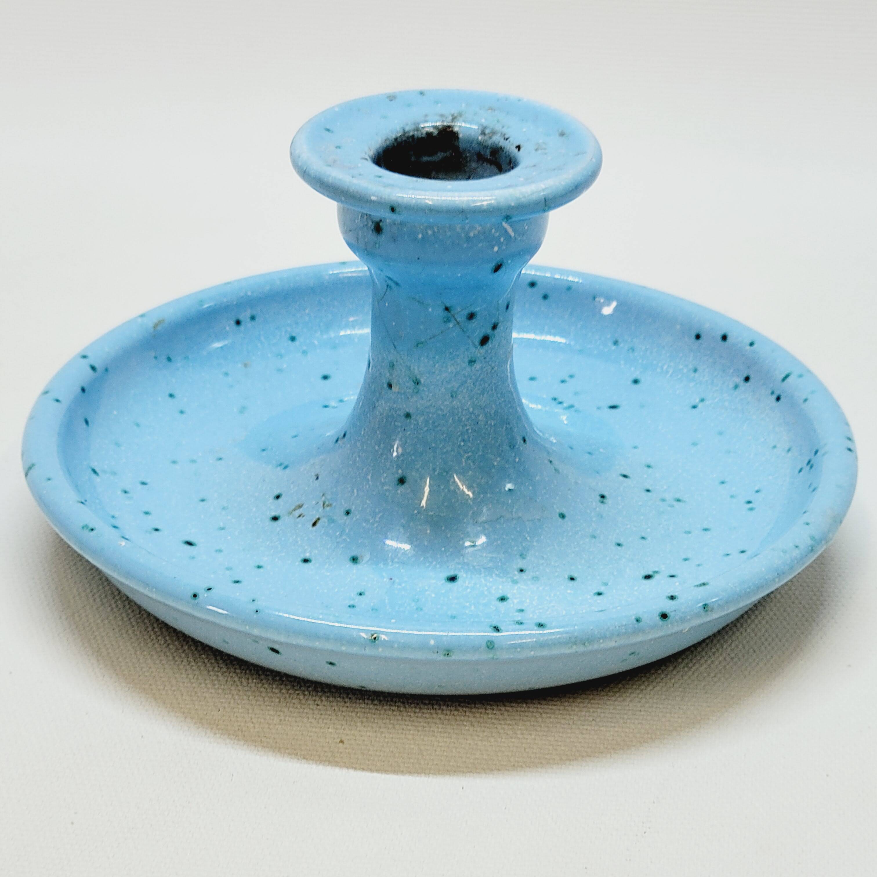 Light blue glazed ceramic candle holder with green speckled signed scorpion stamp