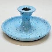 Light blue glazed ceramic candle holder with green speckled signed scorpion stamp