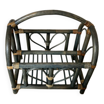 Indonesian style bamboo and rattan magazine rack - 1960s - green stained