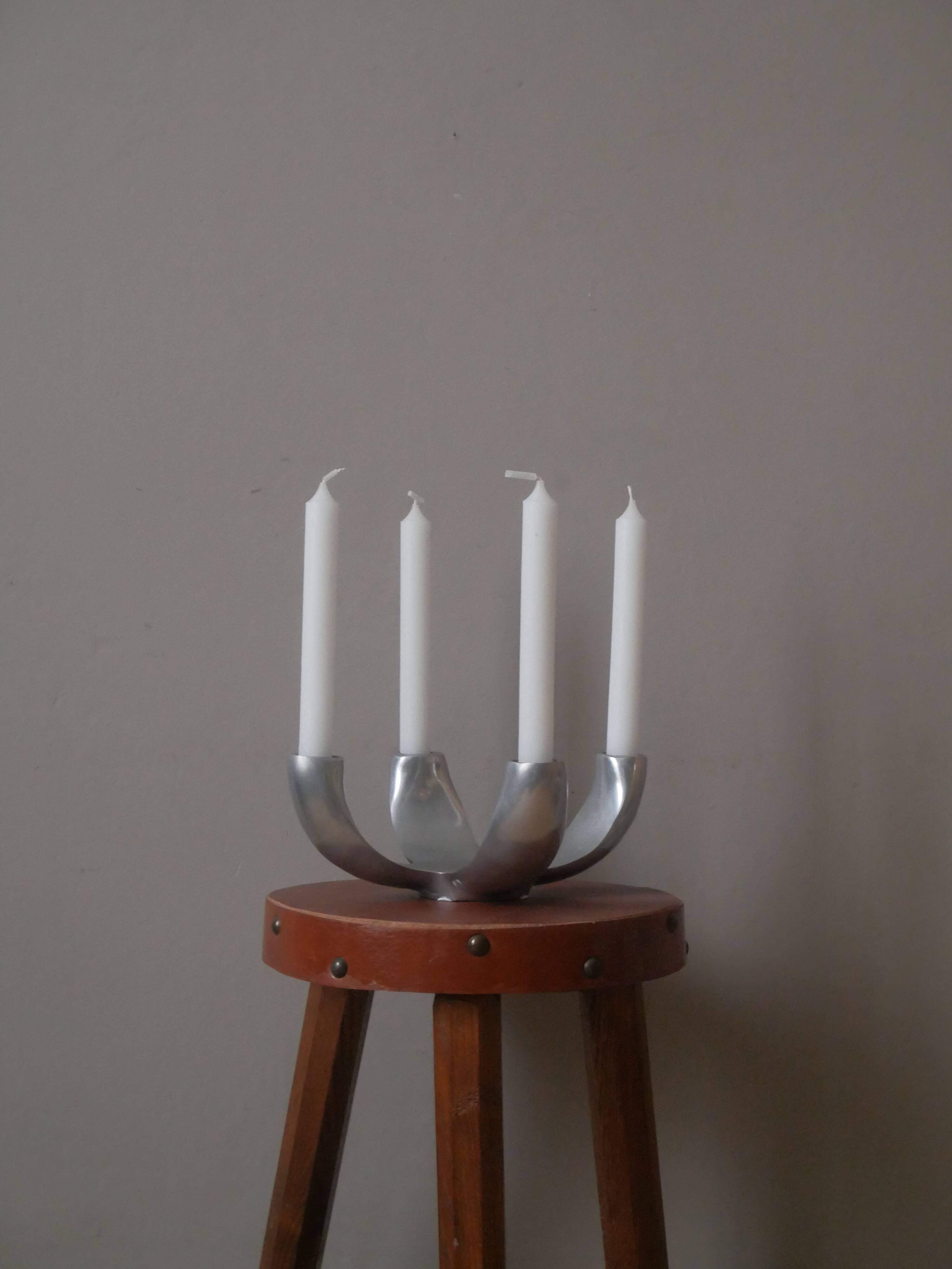 Candle holder candlestick candelabra in aluminum silver metal scandinavian design decorative object