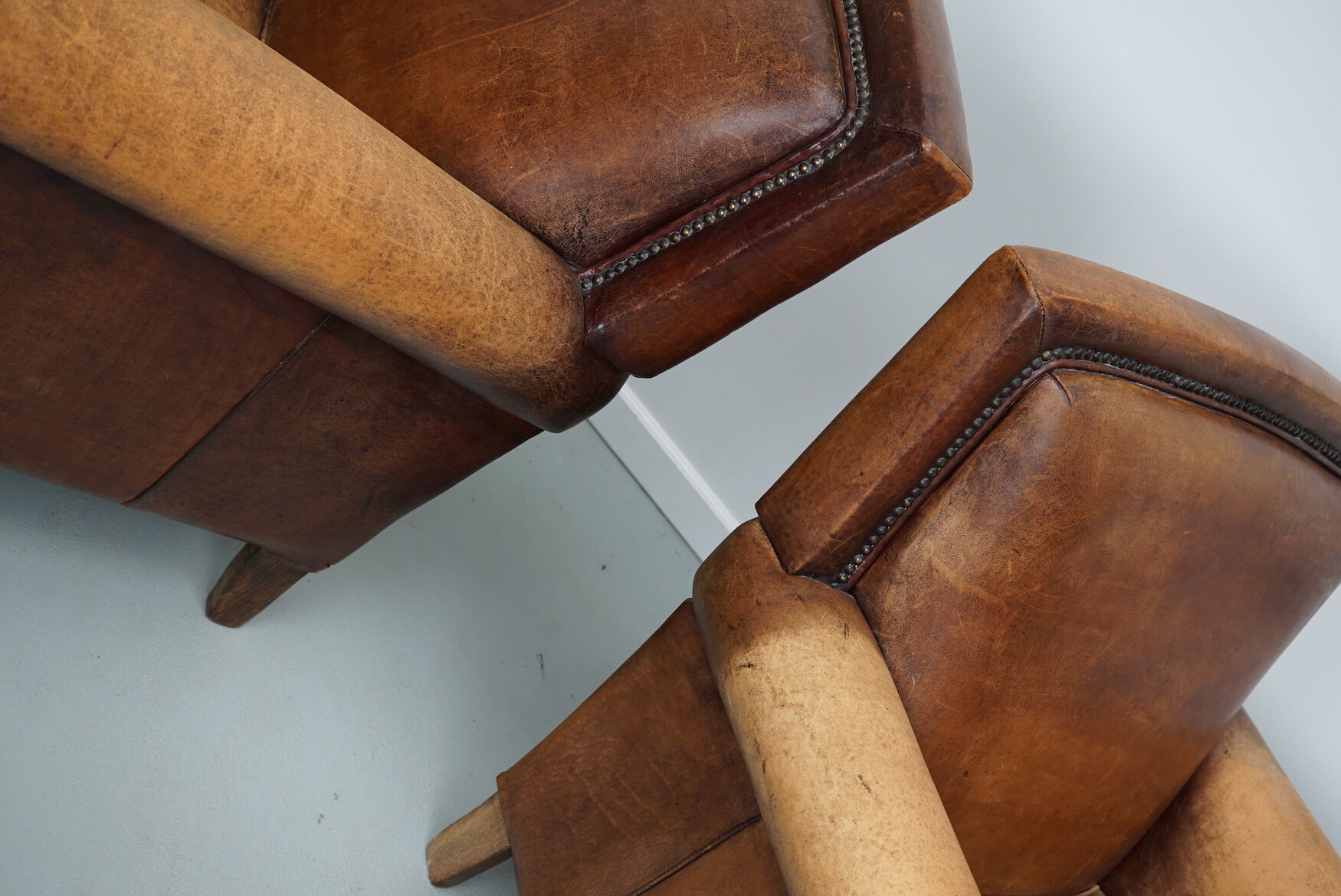 Vintage dutch cognac colored leather club chairs