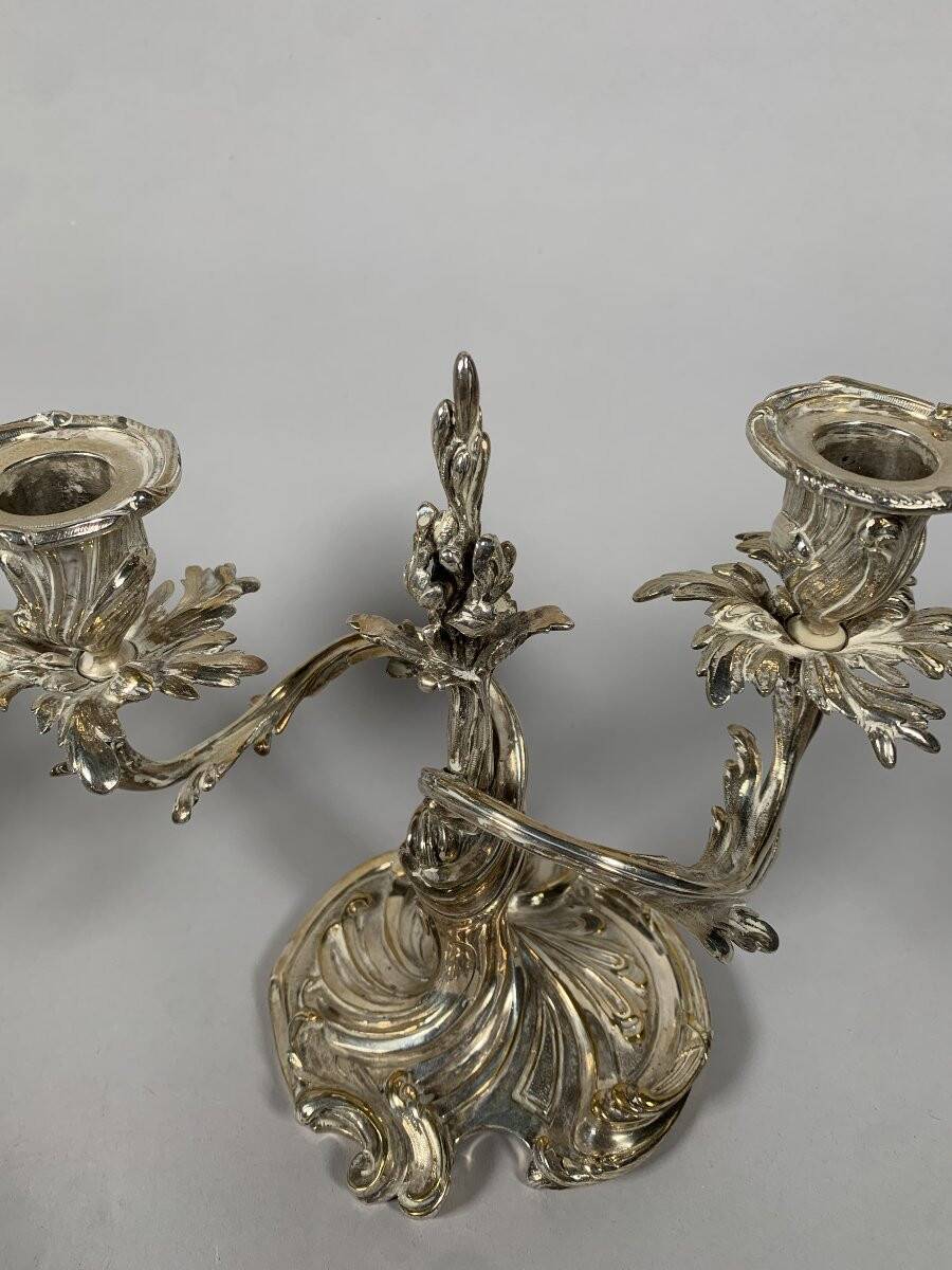 Pair of Rococo Style Candelabra in Silvered Bronze, 19th Century