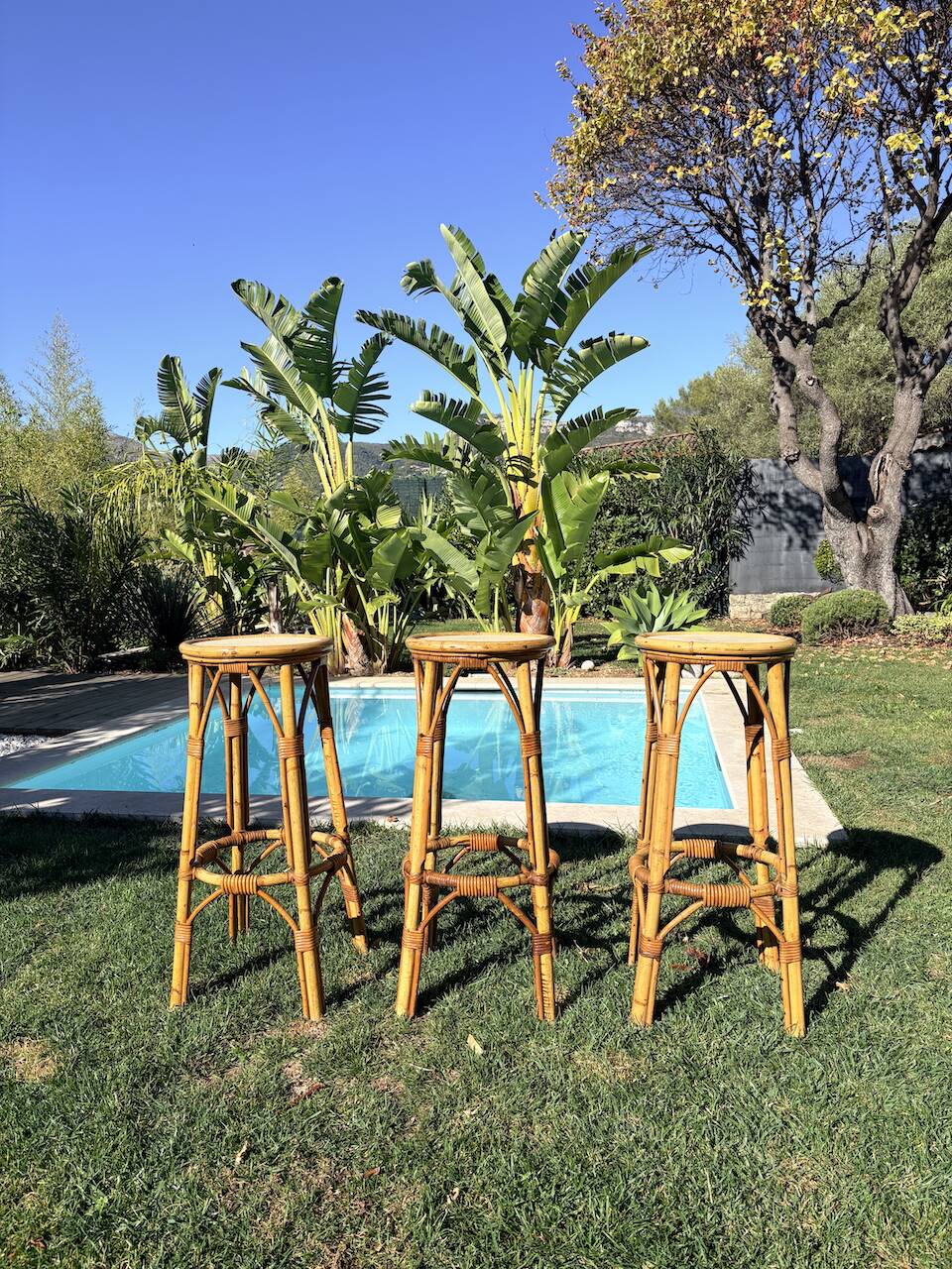 3 tabourets rotin vintage