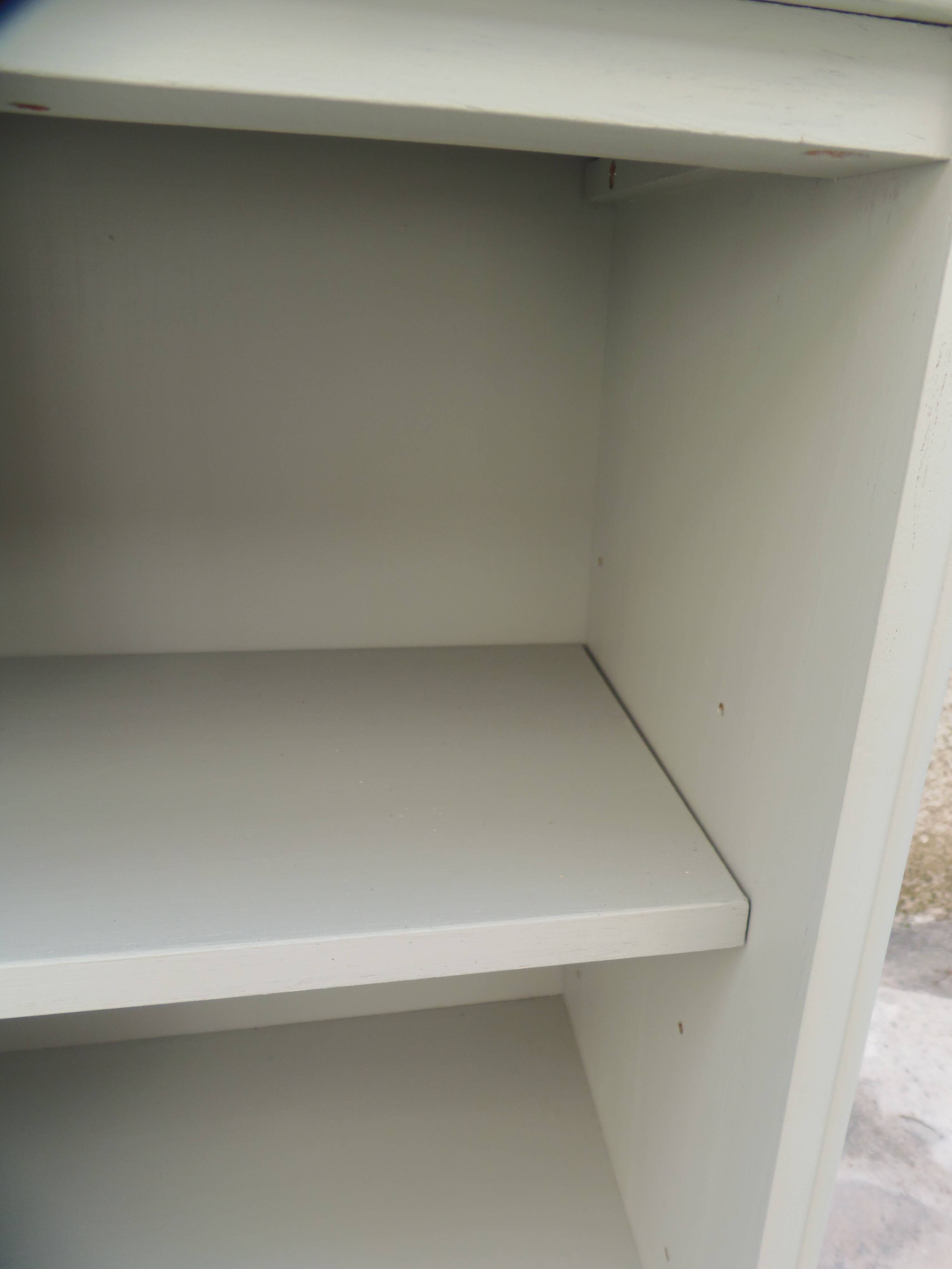2 Louis Philippe style bedside tables reimagined in grey-green, wooden top.