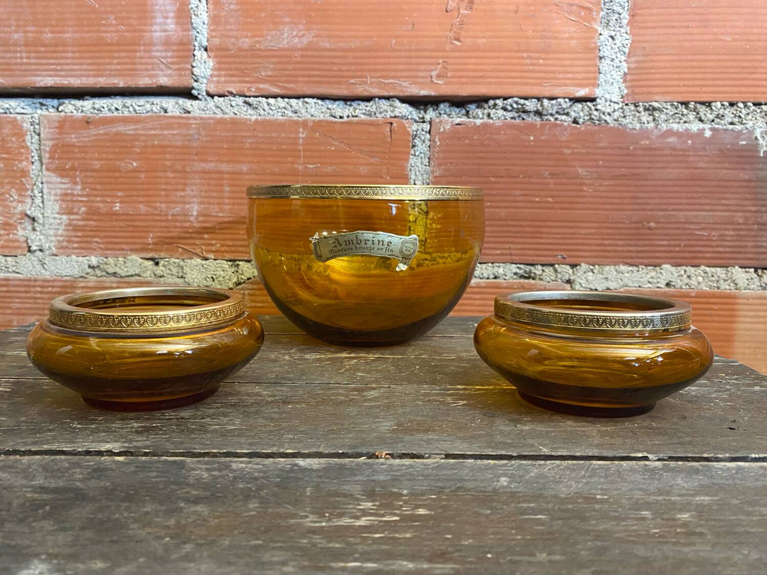 Salad bowl + 2 Antique AMBRINE Bowls Amber Glass + Gold Bronze Mounting