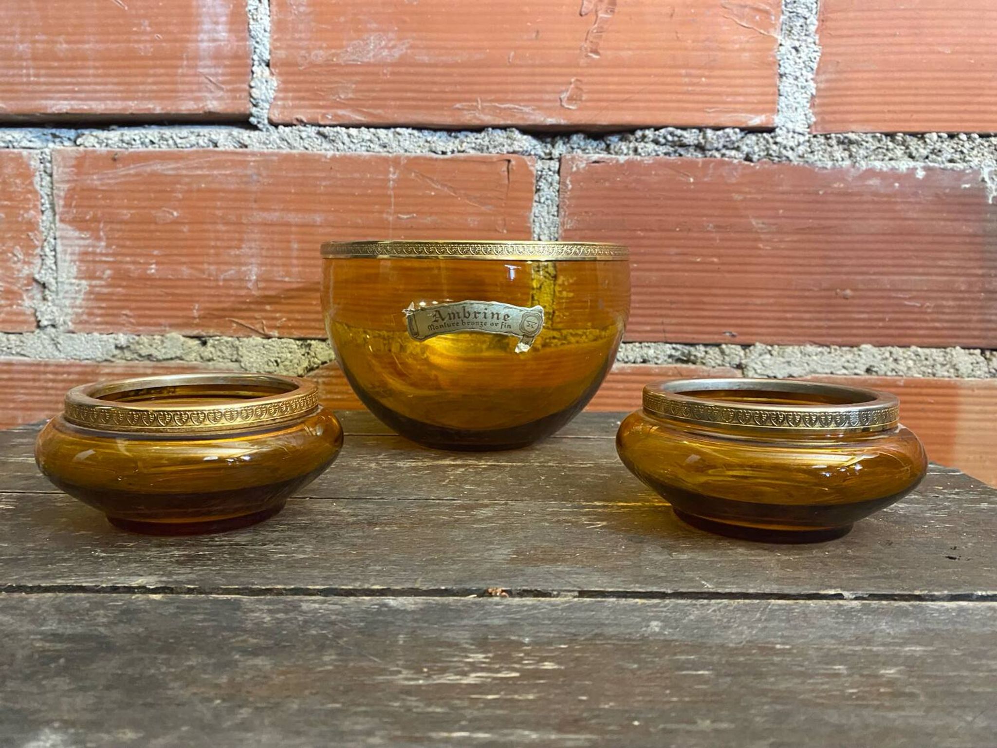 Salad bowl + 2 Antique AMBRINE Bowls Amber Glass + Gold Bronze Mounting