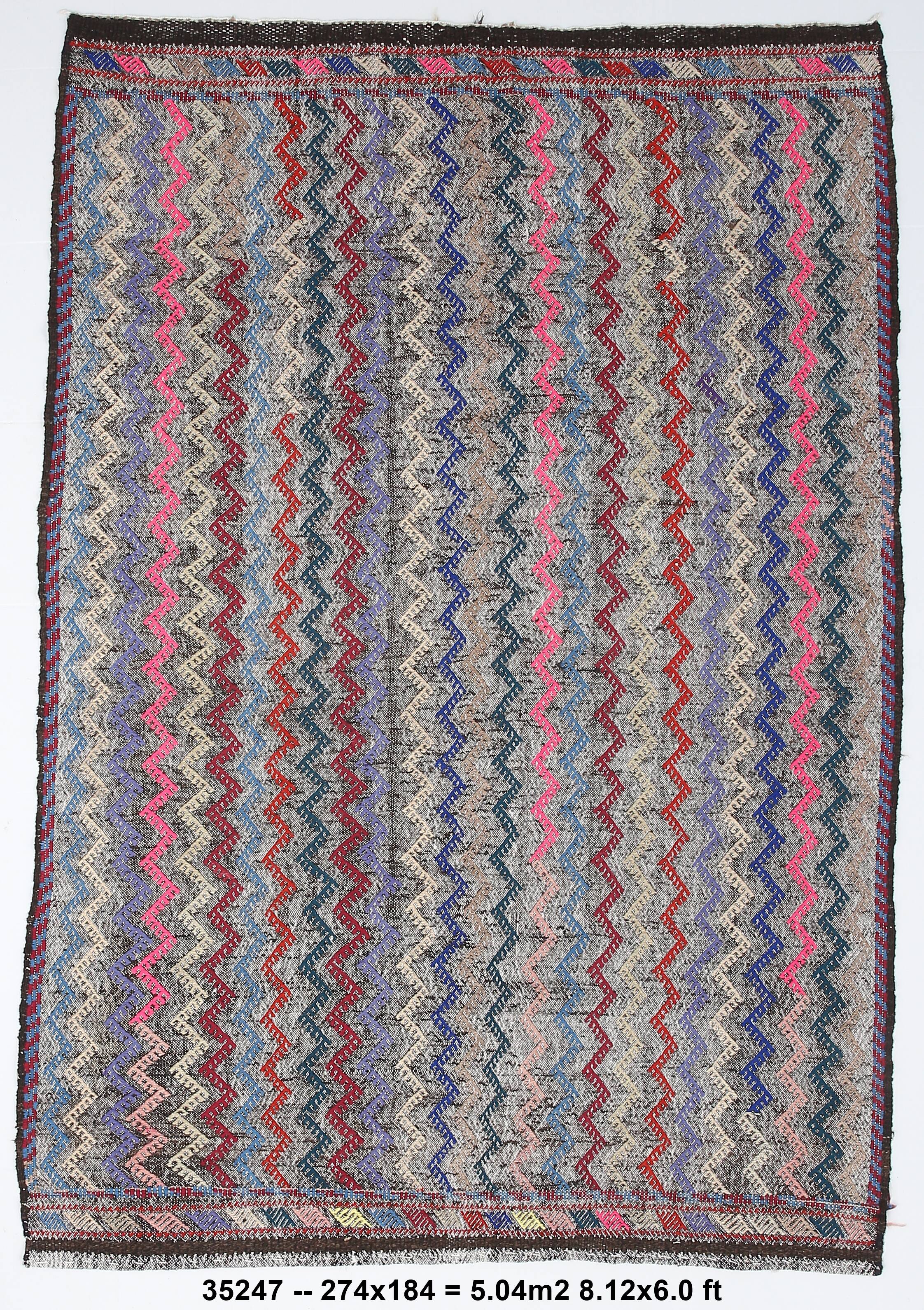 Tapis kilim vintage multicolore à motifs zigzag géométriques, 184x274 cm