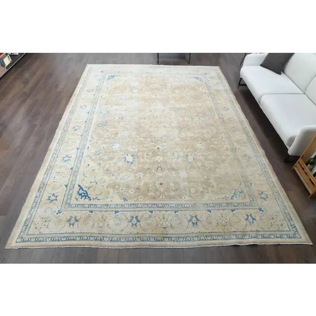 1970s Vintage Persian Handmade Wool Cotton Yellow Area Rug 280x381