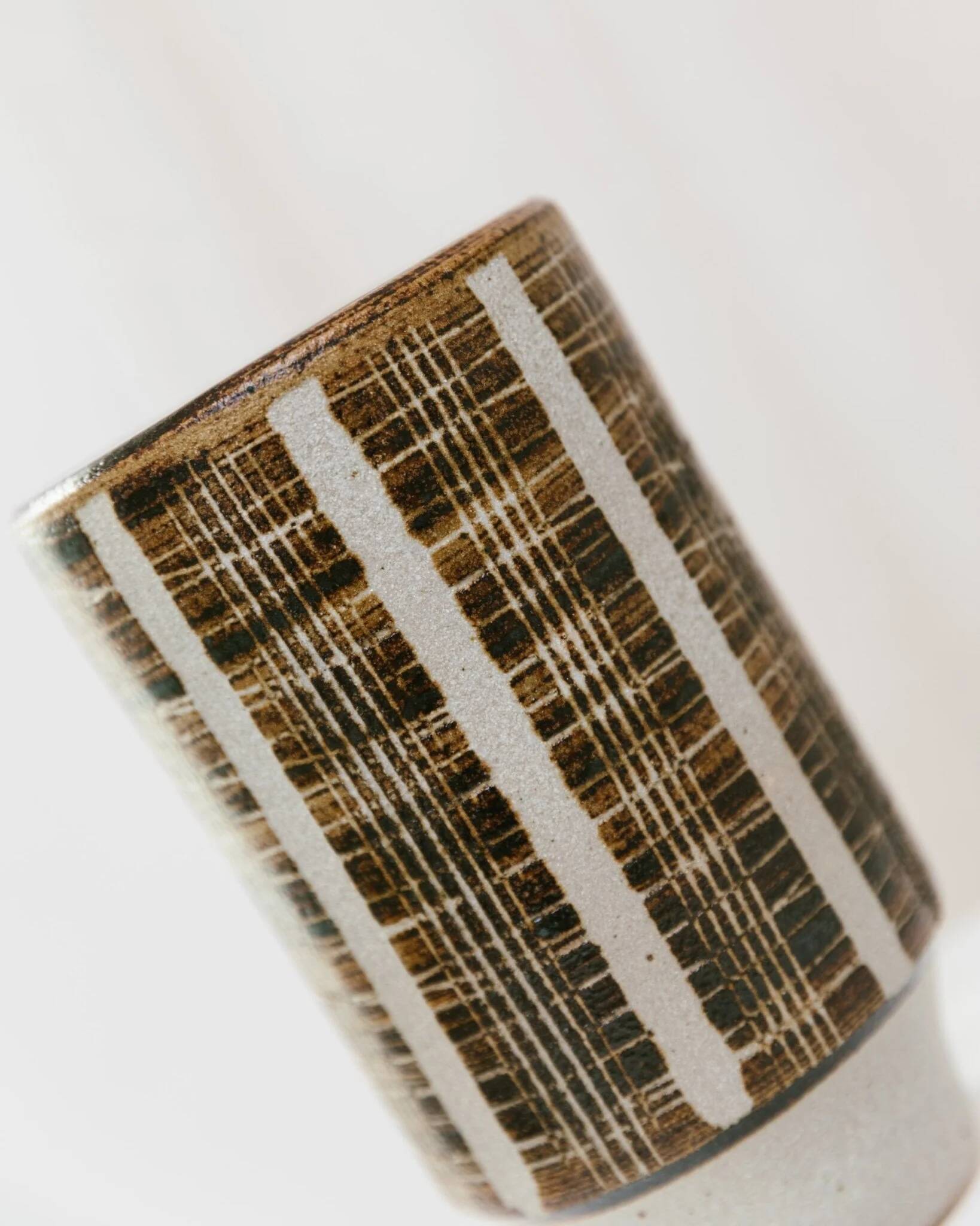 Brown Beige Ceramic Vase - Mid-Century Studio Vase, 1960s, Crosshatch Texture