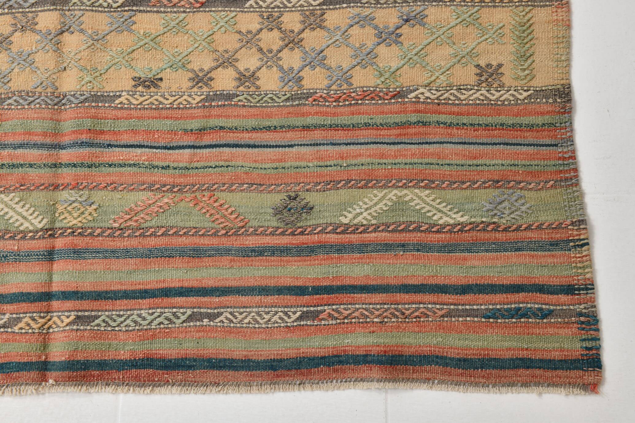 Tapis Kilim en laine tissé main, tons terreux doux, 6 x 11 cm, 169 x 321 cm