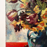 Bouquet of flowers on a red tablecloth, knife on a board, signed Renzo.