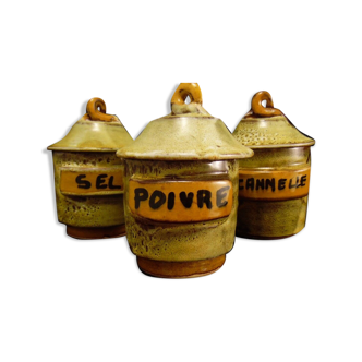 Series of 3 ceramic spice pots from Vallauris to be identified signed FB