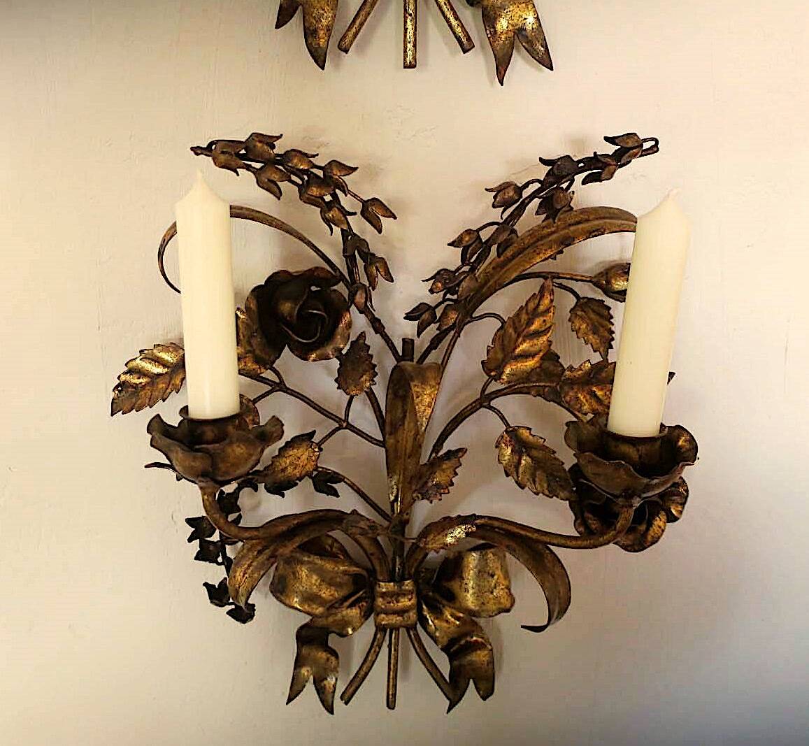 Pair of gold plated wall double candleholders with roses by Hans Kögl, 1960