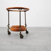 Chariot de service en cuivre, noyer et verre, France vers 1900
