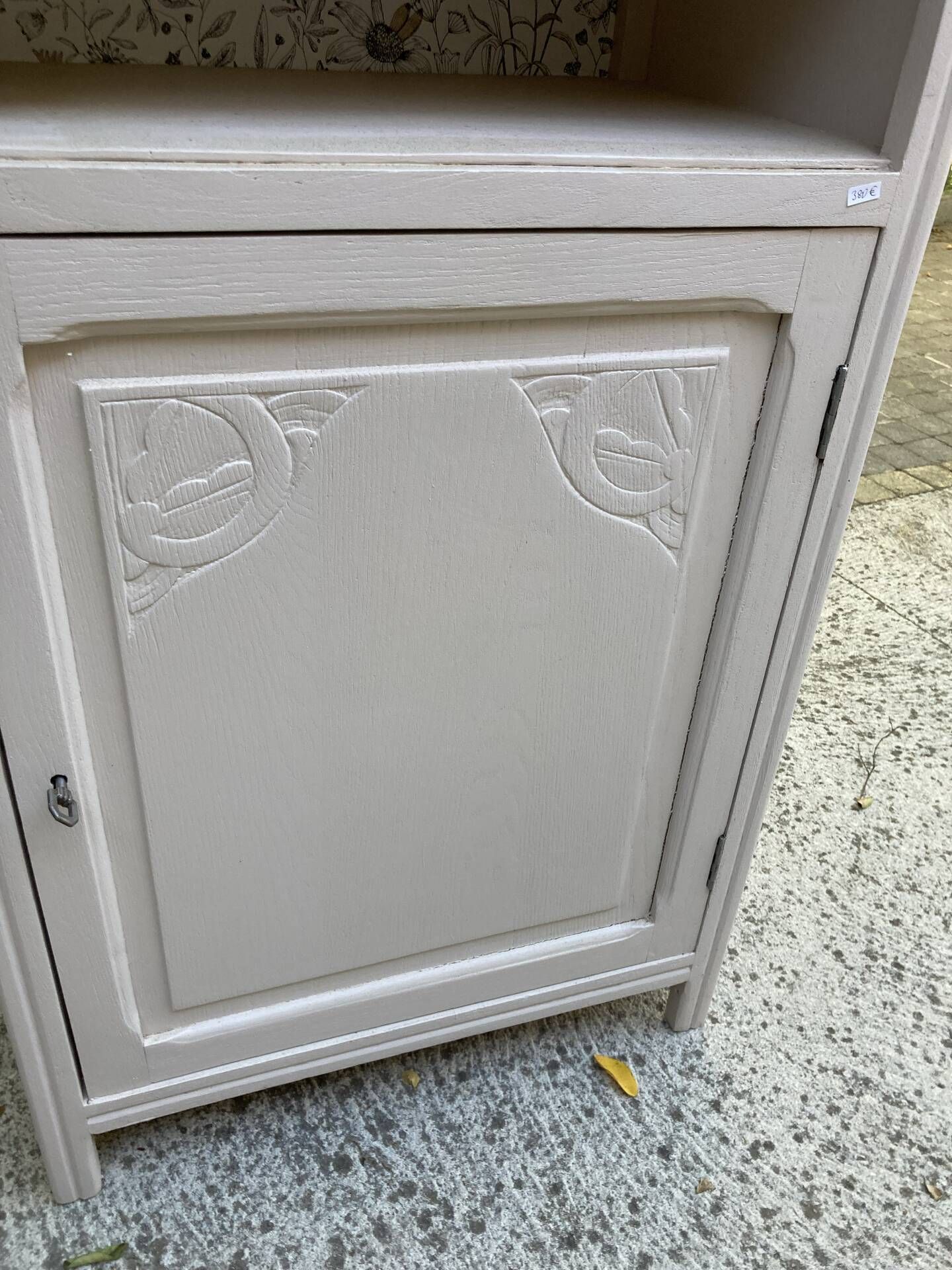 Beautiful art deco jam cupboard in delicate beige tone / and wicker basket