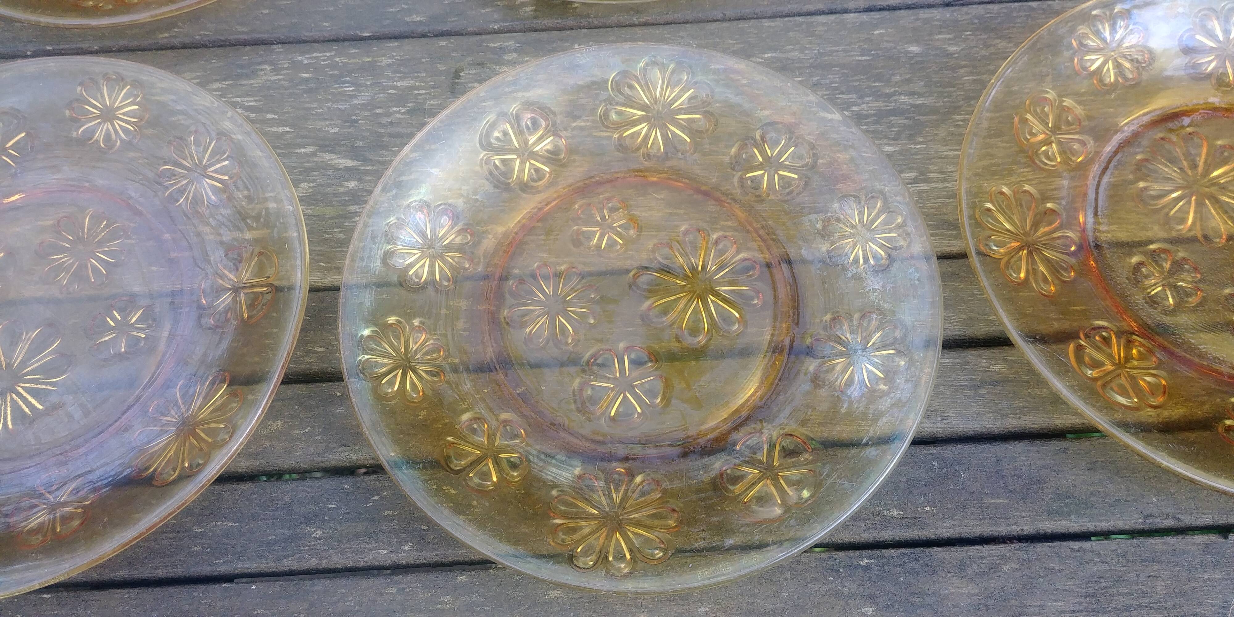 Set of six flat plates - vintage amber glass from Veréco with flower decor - 60s/70s