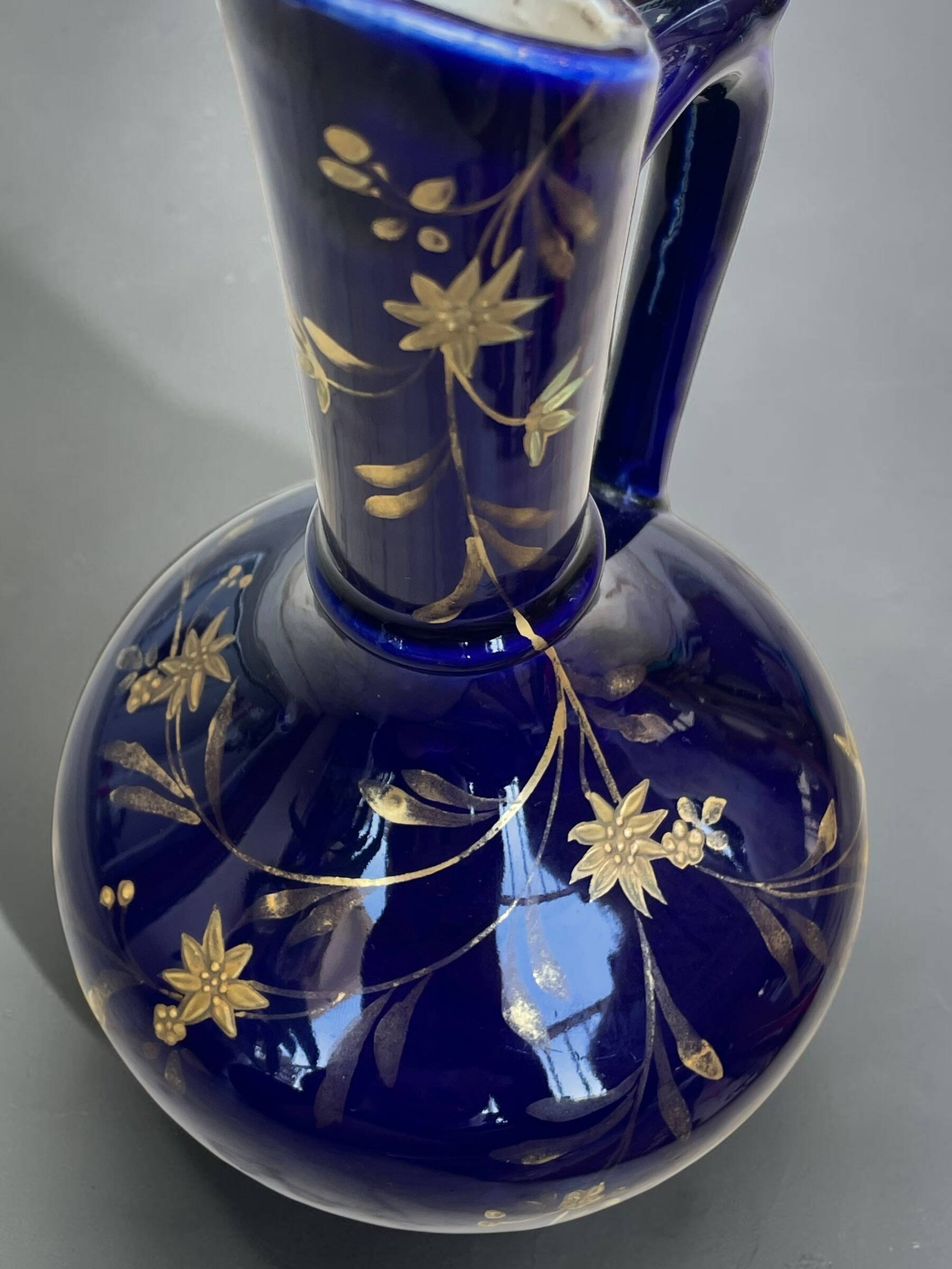 Vintage cobalt blue ceramic jug with gilding, 1950s-70s.