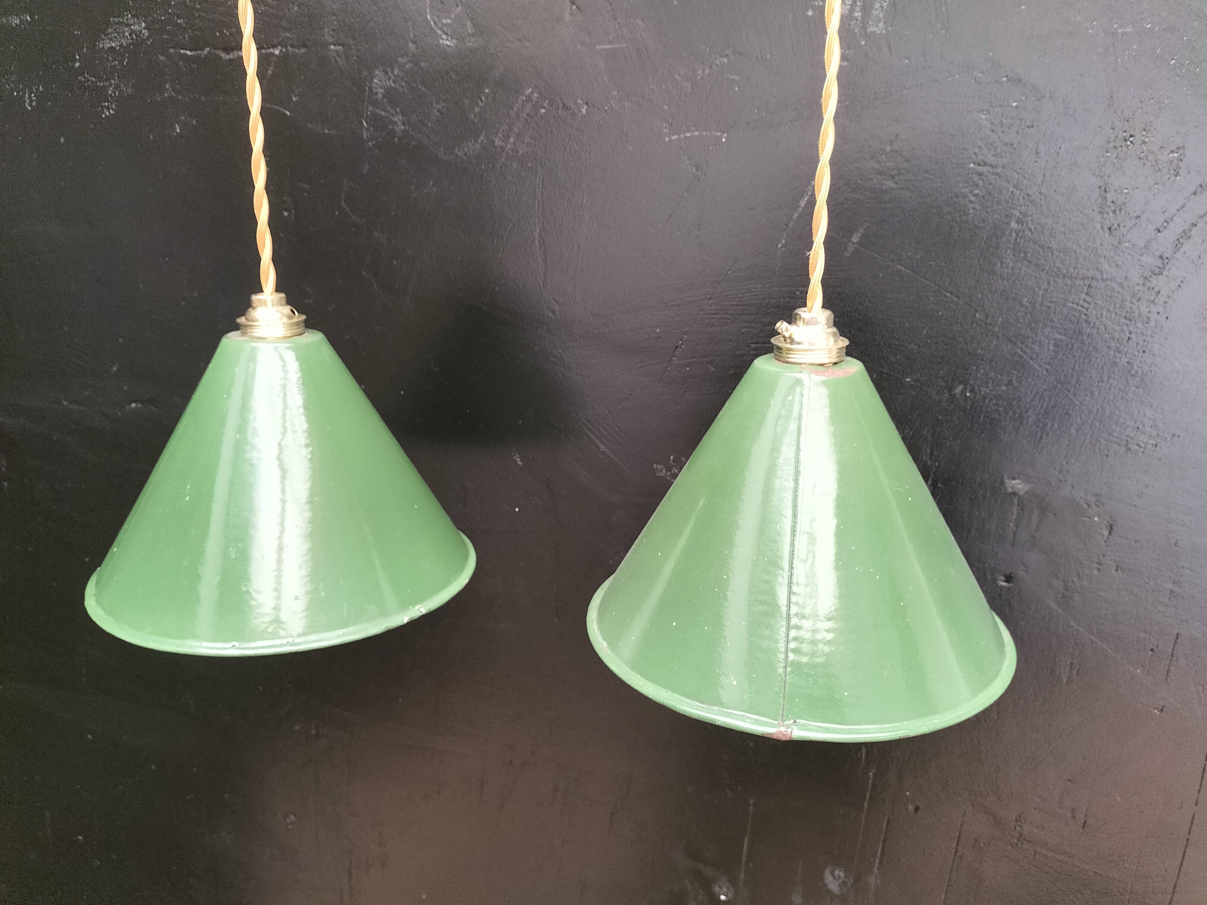 2 enameled sheet metal cone pendants