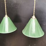 2 enameled sheet metal cone pendants