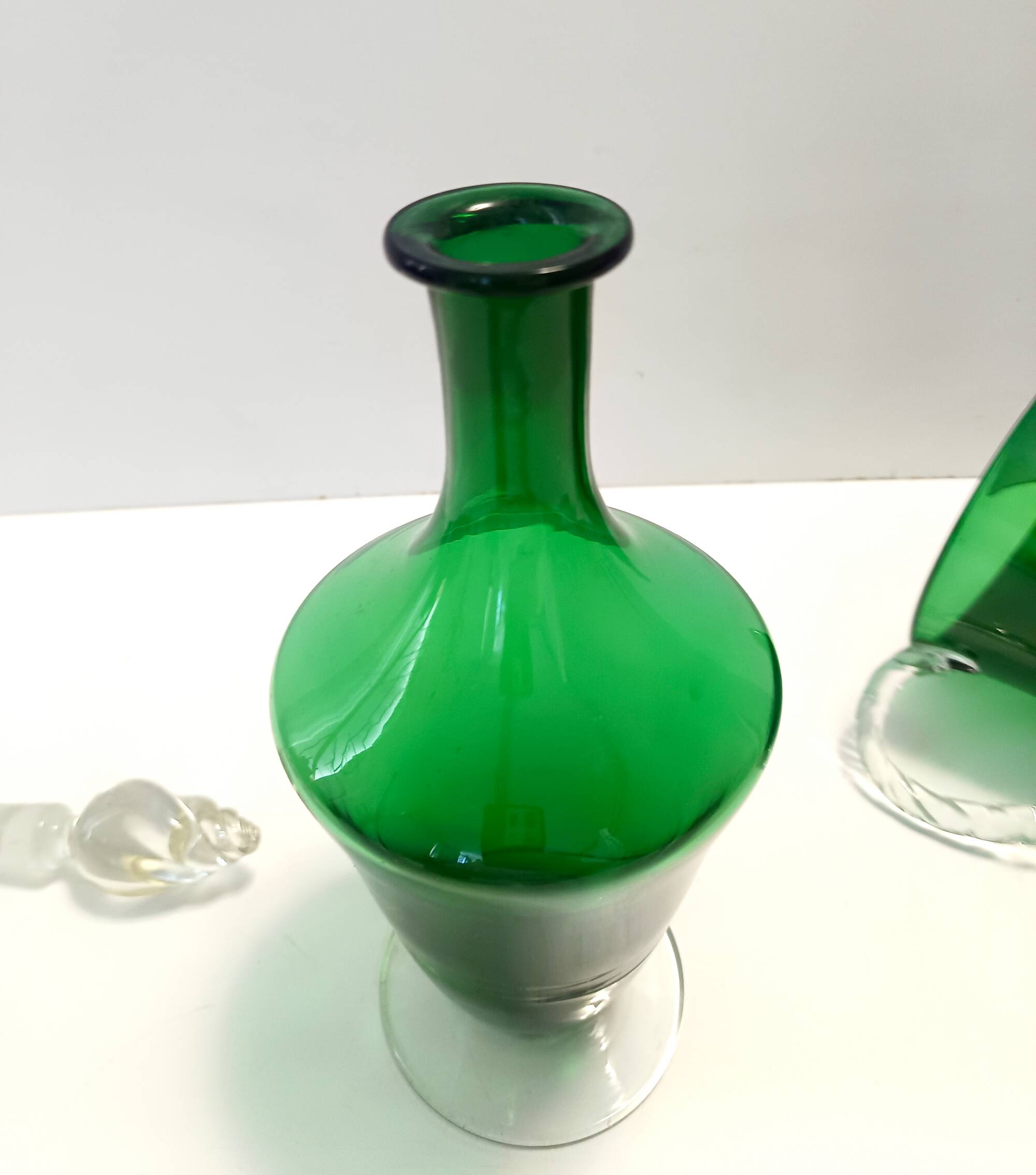 Pair of Green Hand-Blown Glass Wine and Water Pitchers, Empoli