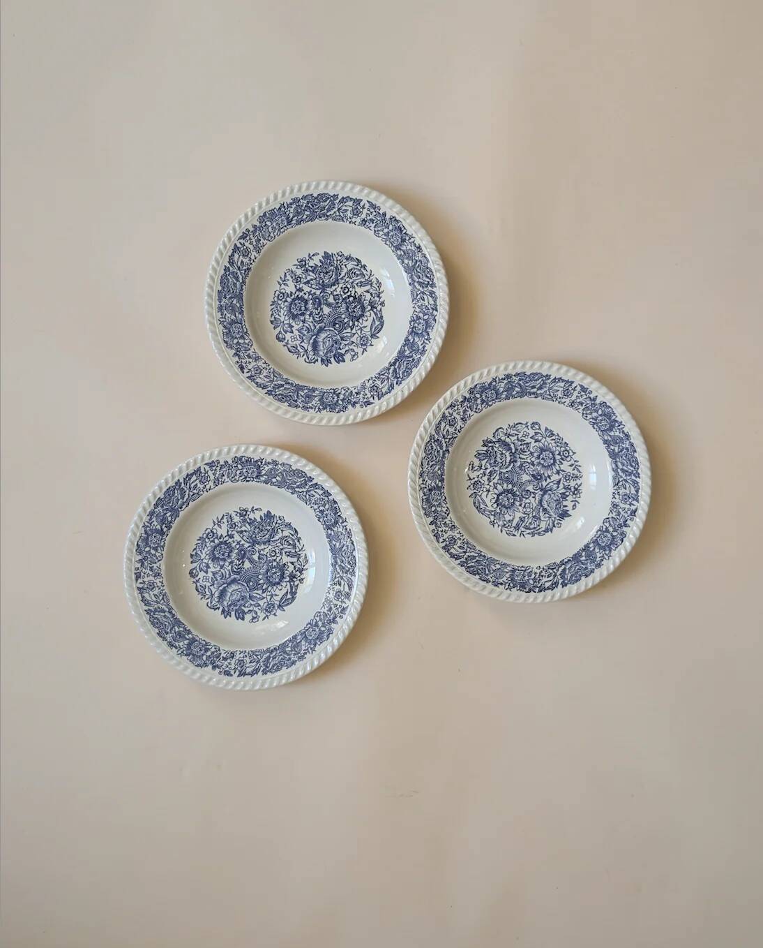 Set of 3 antique soup plates – blue floral decoration