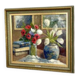 Original early century Swedish oil on canvas – "Tulips and Poppies" by Johan Jacobsson – vintage & framed 68 × 80 cm (26.8" × 31.5")