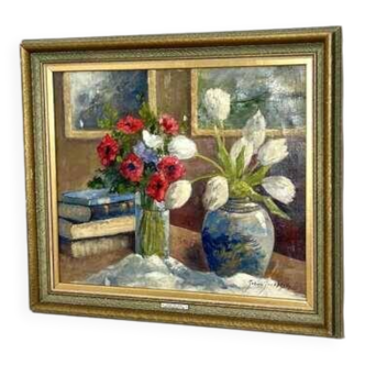 Original early century Swedish oil on canvas – "Tulips and Poppies" by Johan Jacobsson – vintage & framed 68 × 80 cm (26.8" × 31.5")