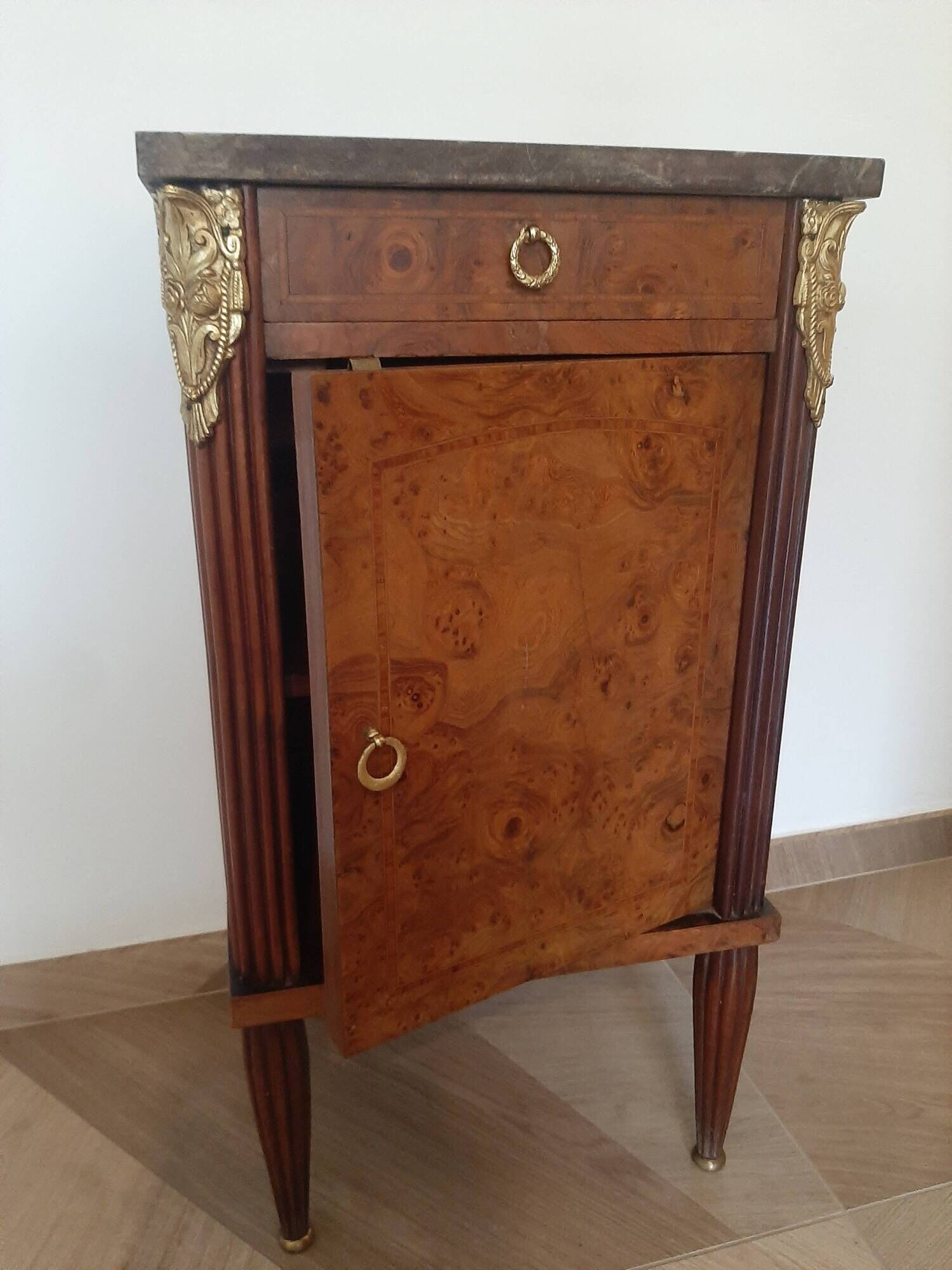 pretty Louis XVI Style bedside cabinet - 1 drawer - 1 Elm Burl marble tray door