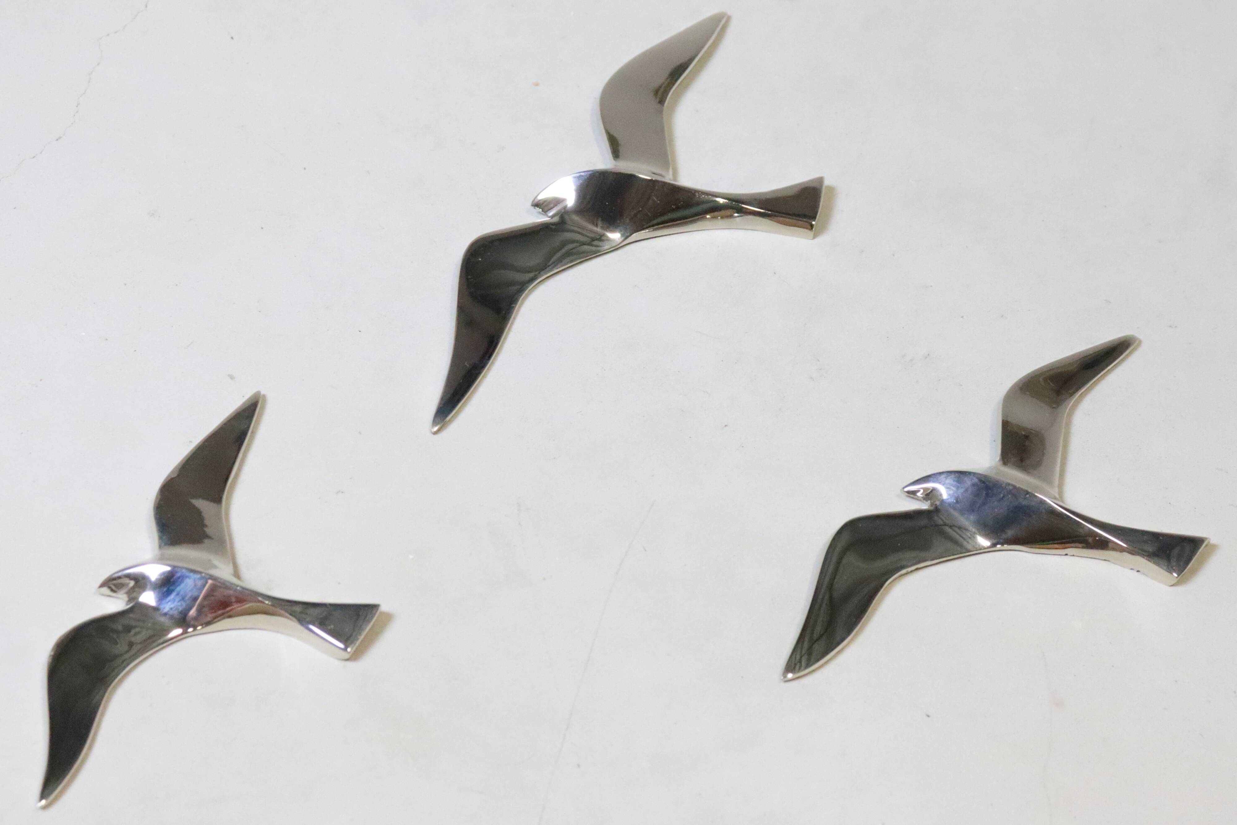 Set of 3 chrome gull birds, 15 - 20 -25 cm