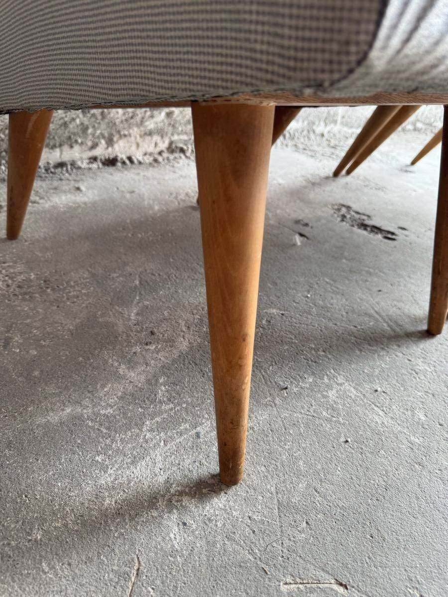 Set of 3 Mid-century club chairs — light blue, wine red & ochre textile with wooden legs