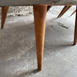 Set of 3 Mid-century club chairs — light blue, wine red & ochre textile with wooden legs