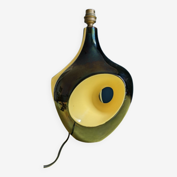 Pied de lampe en céramique jaune et noir vintage années 60, forme libre