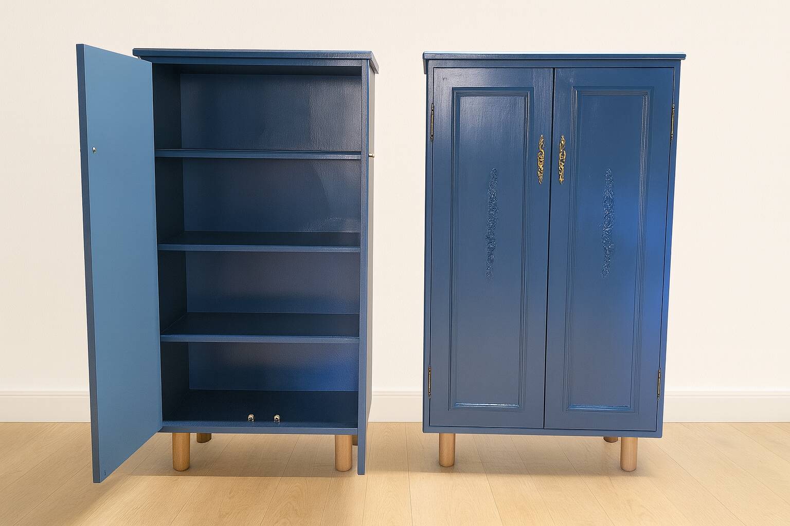 2 blue-painted buffets on legs